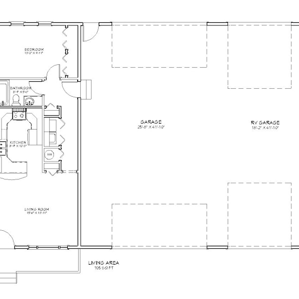 1 Bedroom 1 Bath Garage Apartment Architectural Plans, RV Bus Big Rig, 705 SF, 61'x43', Tiny Home Floor Plan, Small House Plans, Digital PDF