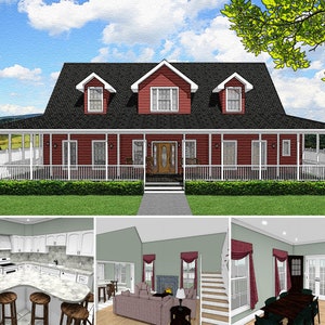 4 slaapkamers, 3,5 badkamers 2500 SF 73x35 huisplannen, traditionele boerderij met 2 verdiepingen en veranda rondom, digitale blauwdruk PDF