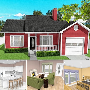 1 bed 1,5 badkamer 800 SF 45x37 huisplannen, garage voor 1 auto, traditionele cottage-plattegrond van 1 verdieping, digitale blauwdruk PDF, Tiny Home omahuis