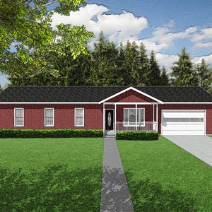 Four Bedroom Traditional Ranch Floor Plan, 1508 Square Feet, 82&#39;x25&#39;, One Story House Plans, Double Garage, Single Family Home, Blueprint