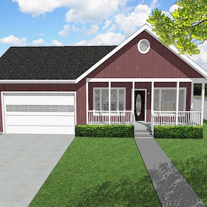 Four Bedroom Traditional Cottage Floor Plan, 1508 Square Feet, 46&#39;x65&#39;, One Story House Plans, Front Porch, Double Garage, Blueprint
