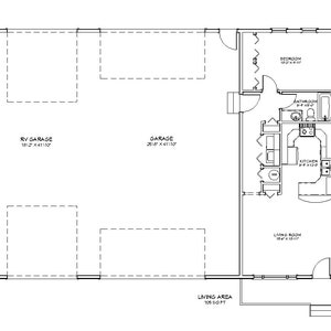 1 Bedroom 1 Bath, Ranch Style Architectural Plans, RV Bus Big Rig Garage Apartment, 705 SF, 61&#39;x43&#39;, Front Porch, Tiny Home Floor Plan