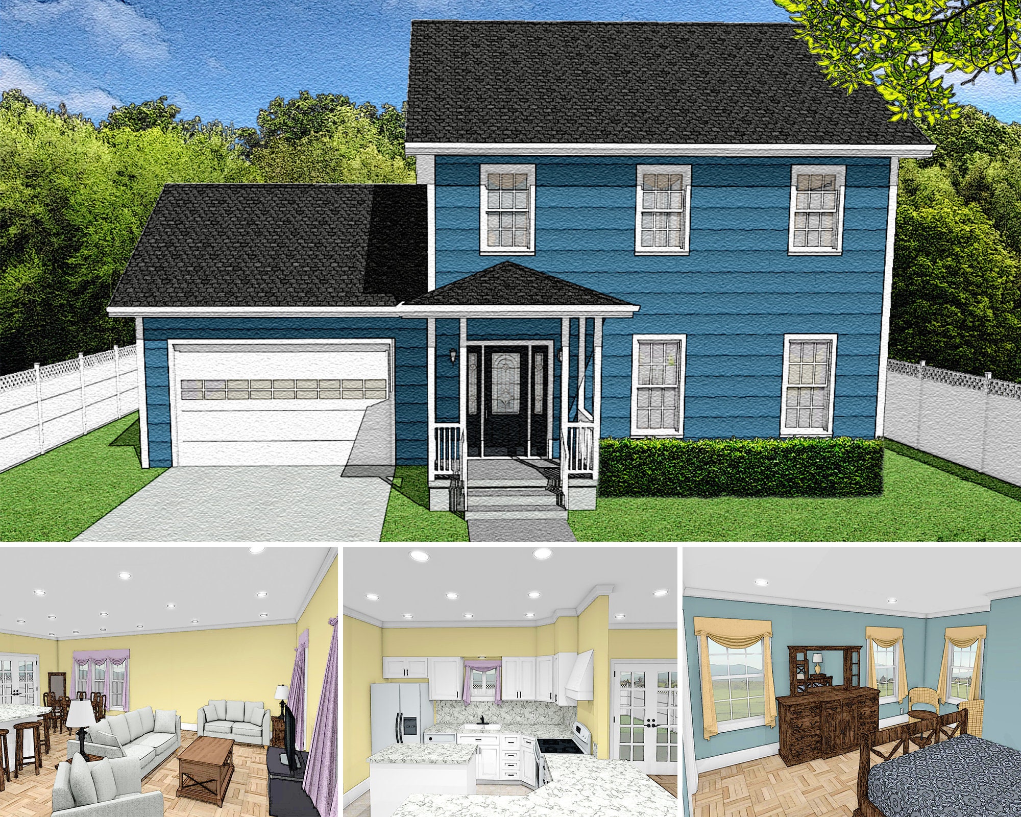 3 Bed 2.5 Bath 1700 SF 52x29 House Plans, Cape Cod Style Architectural Plans, Traditional 2 Story Floor Plan, 2 Car Garage Digital Blueprint