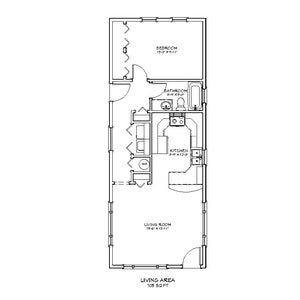 1 Bedroom 1 Bath Compact Cottage Architectural Plans, 705 SF, 16&#39;x43&#39;, Tiny Home Floor Plan, Narrow Guest House Plans, Mother in Law Granny