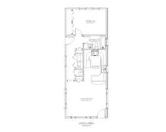 Planos arquitectónicos de cabaña compacta de 1 dormitorio y 1 baño, 705 pies cuadrados, 16&#39;x43&#39;, plano de planta de casa pequeña, planos de casa de huéspedes estrecha, abuela suegra
