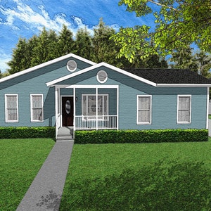 Plans de maison de style ranch de 3 chambres, 3/2, 1209 pieds carrés, 51&#39;x46&#39;, plan d&#39;étage traditionnel, porche arrière, plan de garage double à un étage