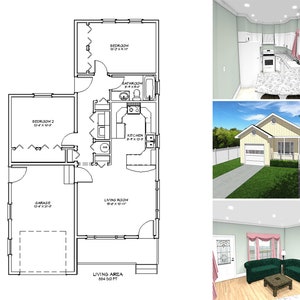Puede incluir: Una representación 3D de un plano de casa con una superficie habitable de 82 metros cuadrados. El plano incluye una sala de estar, una cocina, un baño, dos dormitorios y un garaje. El exterior de la casa se muestra en una representación 3D con un exterior amarillo y un césped verde.