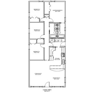 May include: Floor plan of a house with four bedrooms, two bathrooms, a kitchen, a living room, and a dining room. The house has a total living area of 1800 square feet.
