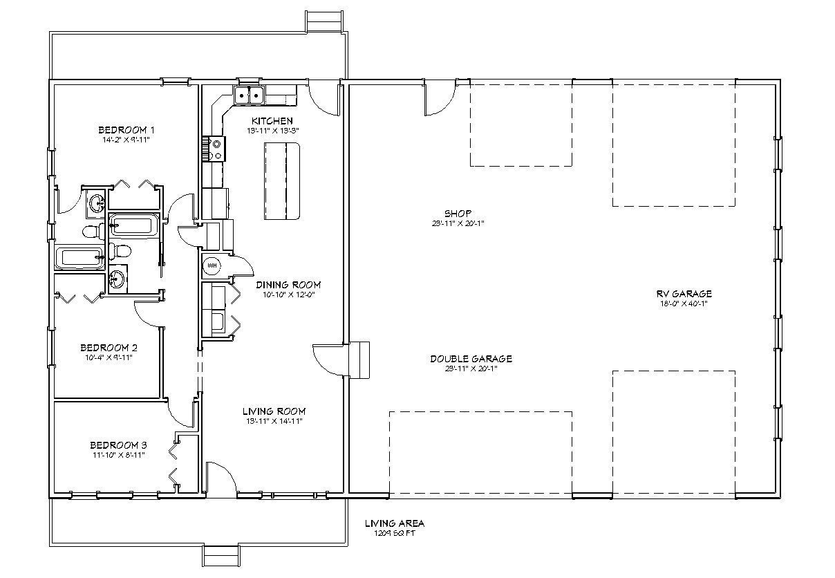 Three Bedroom Ranch Style Floor Plan, RV Bus Big Rig Garage 1209 Square Feet 72'x41' Front Porch