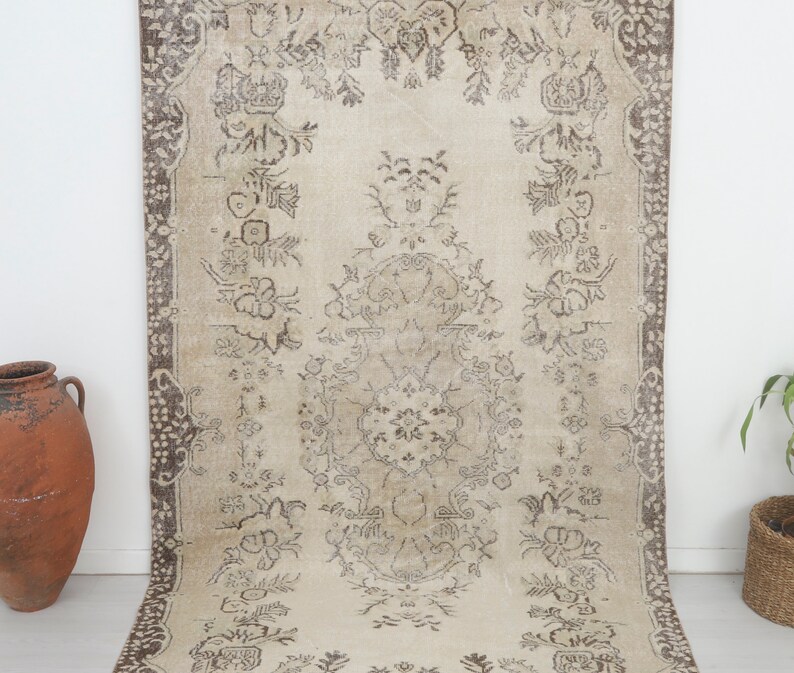 5x9 Contemporary Rug, Turkish Area Rug, 5x9 Vintage Rug, Wool Carpet,5x9 Traditional Rug,Oriental Vintage Rug,5x9 Handknotted Rug,Beige,9679 image 3