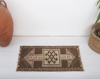 1x3 Brown Rug, Home Decor, Brown Door Mat, Gift Rug, 1x3 Wool Rug, Bath Mat, 1x3 Turkish Rug, Small Unique Rug,Mini Rug,Oushak Door Mat,7663