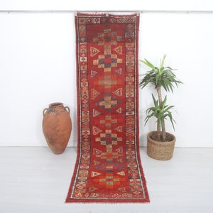 Handmade Wool Turkish Runner Rug: Vintage Oushak Home Decor (3x10 ft)