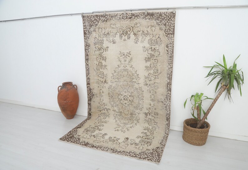 5x9 Contemporary Rug, Turkish Area Rug, 5x9 Vintage Rug, Wool Carpet,5x9 Traditional Rug,Oriental Vintage Rug,5x9 Handknotted Rug,Beige,9679 image 2