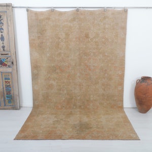 6x10 Brown Wool Oushak Rug: Turkish Vintage Antique Rug