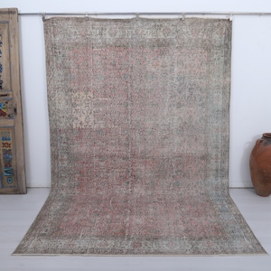 7x10 Vintage Turkish Oushak Rug: Faded Pastel Handmade Wool