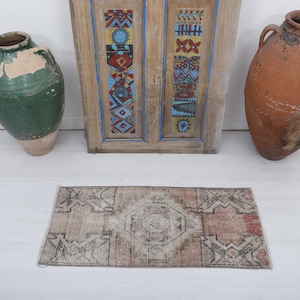 Vintage Turkish Wool Door Mat Rug: 1x3 Oushak Accent Rug