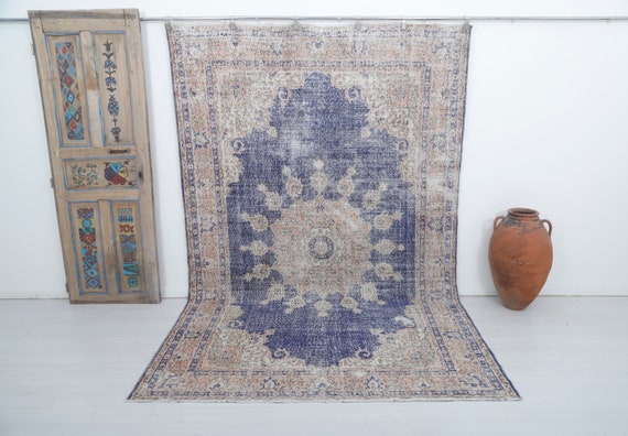 7x10 ヴィンテージ トルコ絨毯：ネイビーブルー メダリオン カーペット