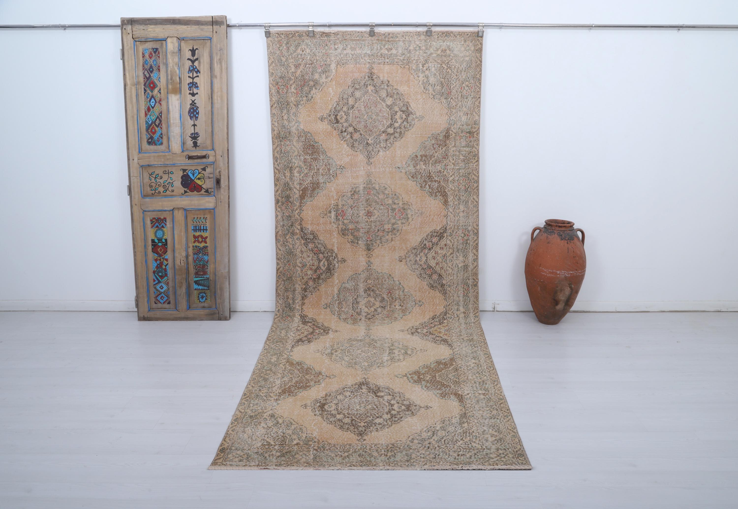 Oversized 5x12 Vintage Turkish Oushak Rug: Wool & Cotton Bohemian Area Rug
