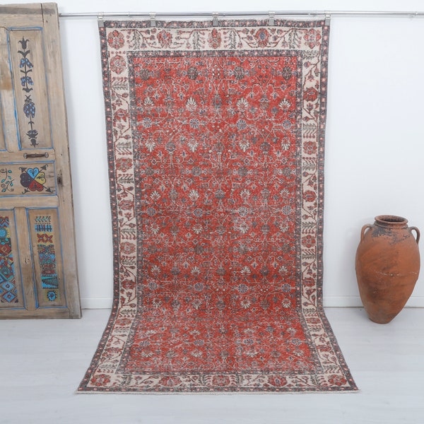 5x9 Red Unique Rug, Bohemian Rug, Kitchen Rug, Floor Carpet, Turkish Vintage Rug, Red Anatolian Rug, 5x9 Oushak Rug, Living Room Rug, 15841