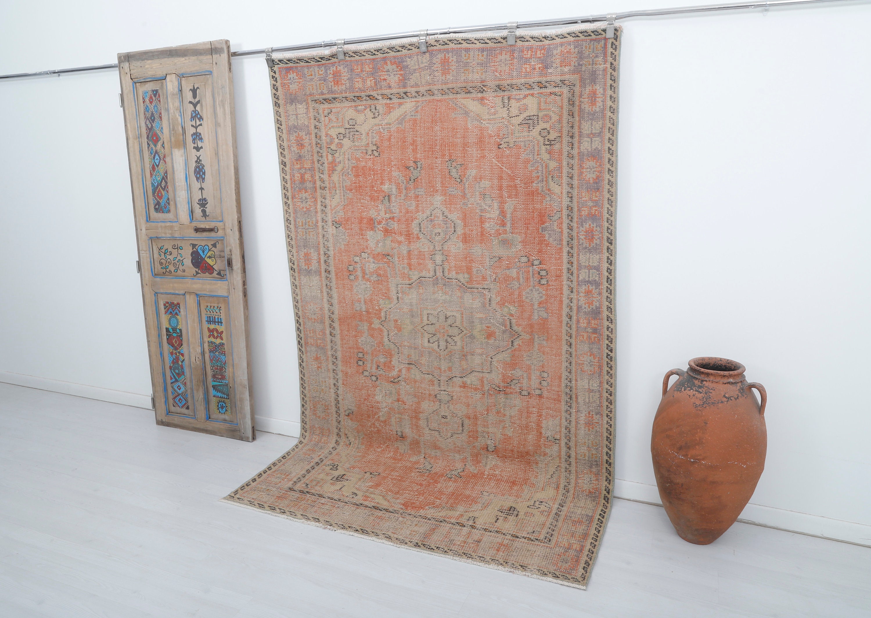 Vintage Turkish Area Rug: 5.4 X 8.6 Ft, Handmade Cotton Wool Blend