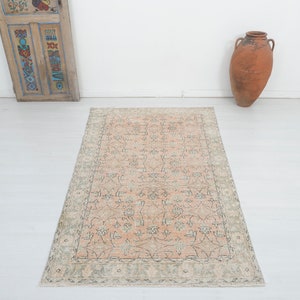 Handknotted Orange Oushak Rug: 4x7 Vintage Turkish Wool Rug