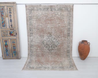 6x9 Vintage Turkish Wool Rug, Muted Anatolian Oushak Rug