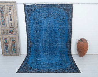Tappeto Oushak blu 6x10: tappeto turco vintage in lana fatto a mano
