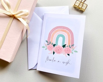 Carte d'anniversaire faire un vœu, arc-en-ciel faire un vœu, carte d'anniversaire, carte de joyeux anniversaire, faire une carte de vœu, cartes d'anniversaire pastel