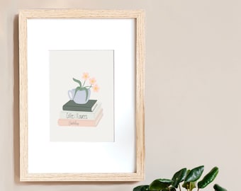 Books and Flowers Art Print, Cute Illustrated Wall Decor