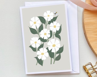 Floral Greeting Card: White Flowers and Bees, Handprinted