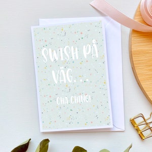 Carte d'anniversaire suédoise, cartes avec swish, swish kort, svenska kort, carte double A6, cartes de voeux, cartes avec fleurs, verte avec fleurs