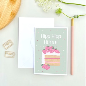 Carte d'anniversaire avec un gâteau, carte double A6, cartes de voeux, carte de gâteau d'anniversaire, carte de joyeux anniversaire, kort hipp hipp hurra, jordgubbstårta