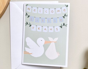 Personalised New Baby Card: Stork Welcome Garland, Handprinted