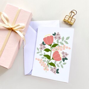 Carte de voeux fleurs roses, carte double A6, cartes de voeux, cartes avec fleurs, fleurs bleues
