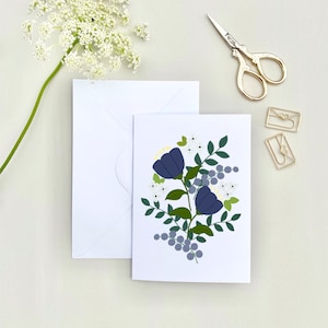 Biglietto di auguri fiori blu, biglietto doppio A6, biglietti di auguri, biglietti con fiori, fiori blu