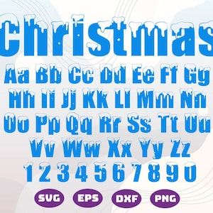 May include: A blue and white Christmas font with the word "Christmas" at the top and the alphabet and numbers below. The letters and numbers have a snowy, icy look.