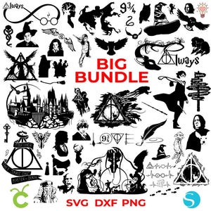 May include: A collection of black and white vector graphics featuring iconic imagery. Includes silhouettes of a wizard, owl, castle, and text that reads "BIG BUNDLE", "Always", and "SVG DXF PNG".