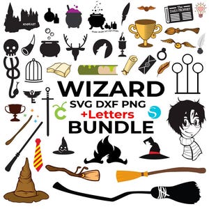 May include: A set of black and white SVG, DXF, and PNG digital files for crafting. The files include images related to the wizarding world, such as a Hogwarts castle, a cauldron, a wand, a broom, a hat, a skull, a feather, a book, a potion bottle, a golden cup, a newspaper with the text "The Daily Prophet", and a character with glasses. The text "Wizard SVG DXF PNG + Letters Bundle" is also included.