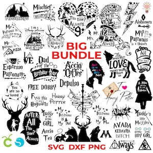 以下が含まれることがあります： さまざまなデザインの白黒SVG、DXF、PNGファイル。デザインには、「Always」や「Accio Coffee」などのフレーズを含む、ハリー・ポッターシリーズに関連する引用句、シルエット、シンボルが含まれています。