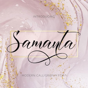 Op de afbeelding: Een digitale afbeelding met een roze en witte marmeren achtergrond en gouden spikkels. Het woord "Samantha" is geschreven in elegante zwarte kalligrafie in een gouden rechthoek. Boven staat "Introducing" en onder "Modern Calligraphy Font."