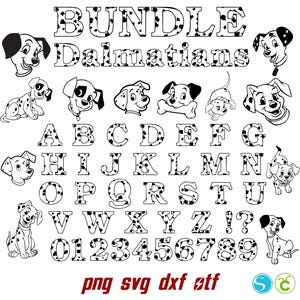 Paquete SVG y PNG de dálmatas, dálmatas PNG, dálmatas SVG, fuente dálmatas OTF, fuente de perro SVG, paquete SVG de perro Cricut, silueta dálmata SVG