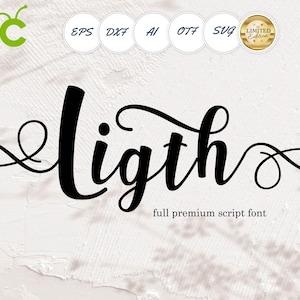 Può includere: Design del carattere script nero con la parola "ligth" e il testo "full premium script font". L'immagine include anche icone per i formati di file EPS, DXF, AI, OTF e SVG, insieme a un badge "Limited Edition".