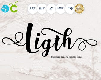May include: Black script font design with the word "ligth" and the text "full premium script font". The image also includes icons for EPS, DXF, AI, OTF, and SVG file formats, along with a "Limited Edition" badge.