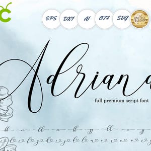 May include: A digital design featuring the name "Adriana" in elegant black script. The text is set against a soft blue watercolor background, with additional font samples and file type icons.