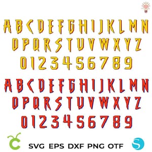 Puede incluir: Un conjunto de letras may&uacute;sculas y min&uacute;sculas y n&uacute;meros en una fuente en negrita y dentada. Las letras y los n&uacute;meros son amarillos con un contorno rojo. Las letras y los n&uacute;meros tambi&eacute;n son rojos con un contorno azul.
