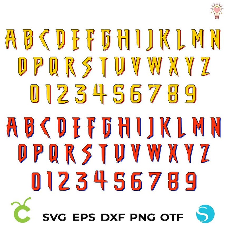 Puede incluir: Un conjunto de letras may&uacute;sculas y min&uacute;sculas y n&uacute;meros en una fuente en negrita y dentada. Las letras y los n&uacute;meros son amarillos con un contorno rojo. Las letras y los n&uacute;meros tambi&eacute;n son rojos con un contorno azul.