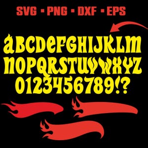 Op de afbeelding: Een retro-stijl alfabet en cijferreeks in geel, met een vlamachtig ontwerp, tegen een zwarte achtergrond. De letters en cijfers zijn vet en gestileerd. De afbeelding bevat ook de tekst "SVG - PNG - DXF - EPS" in rood.