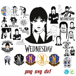 May include: A black and white digital design featuring Wednesday Addams from the Addams Family. The design includes various quotes and images from the show, including "I Hate People", "What Would Wednesday Do?" and "Nevermore Academy".