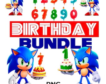 May include: A set of ten digital images featuring a blue cartoon character holding birthday cakes with candles. The candles are numbered 1 through 10. The images are labeled "Birthday Bundle" and "PNG Files".