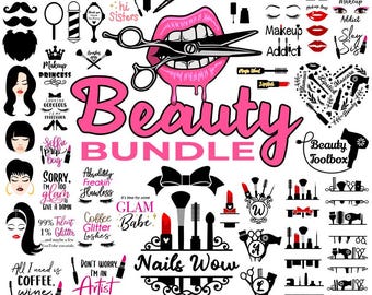 May include: A digital design bundle for beauty and nail salons. The bundle includes a variety of designs, including lips, scissors, makeup brushes, and nail polish bottles. The text "Beauty Bundle" is featured in pink letters. The text "Nails Wow" is featured in black letters. The text "SVG DXF PNG EPS" is featured in black letters.
